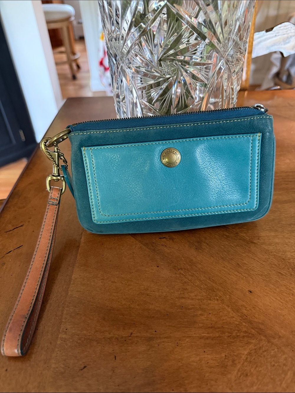 Coach Teal Leather Wristlet with Turquoise Front Pocket